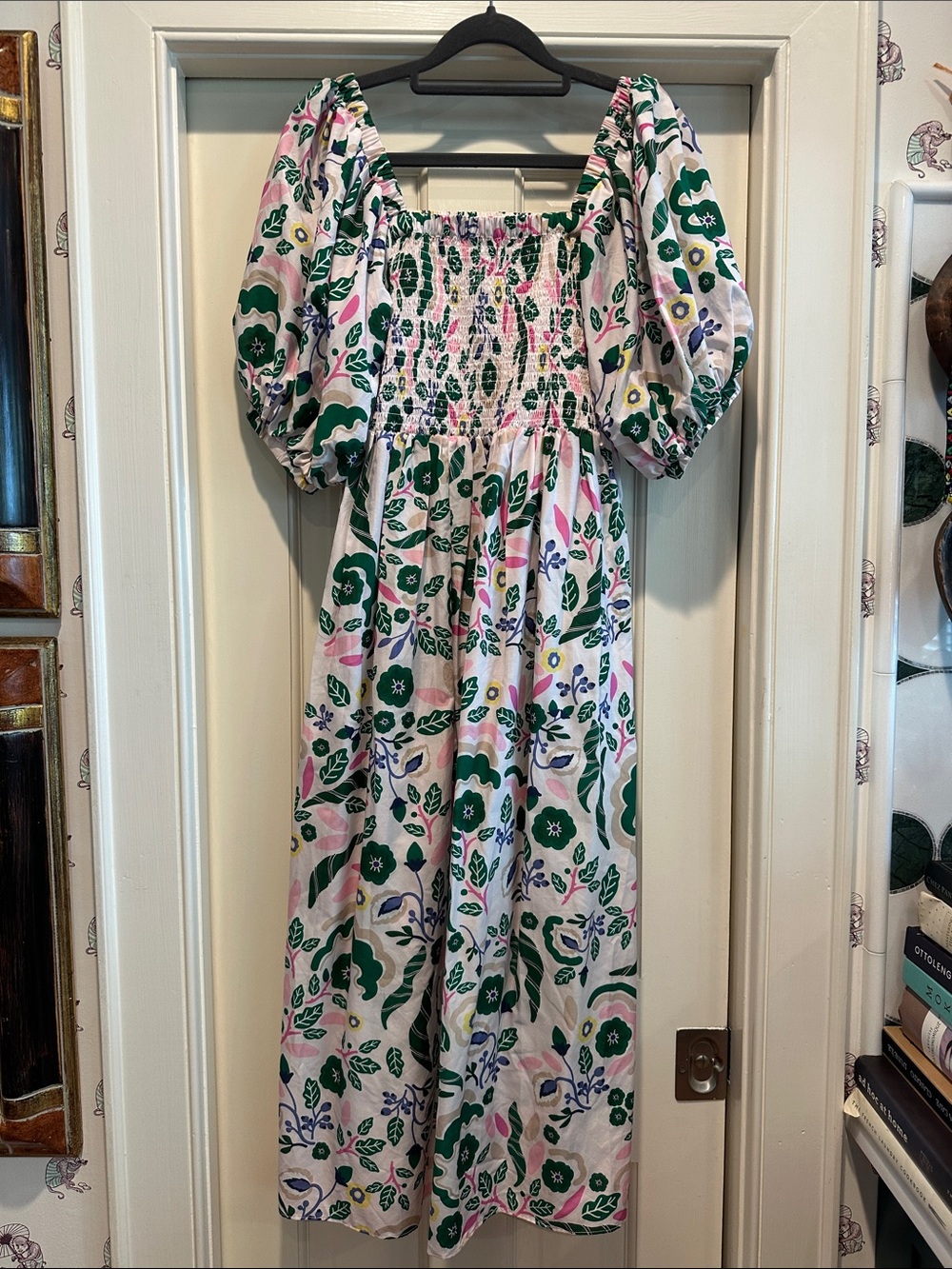 Floral Puff-Sleeve Midi Dress in Pink & Green